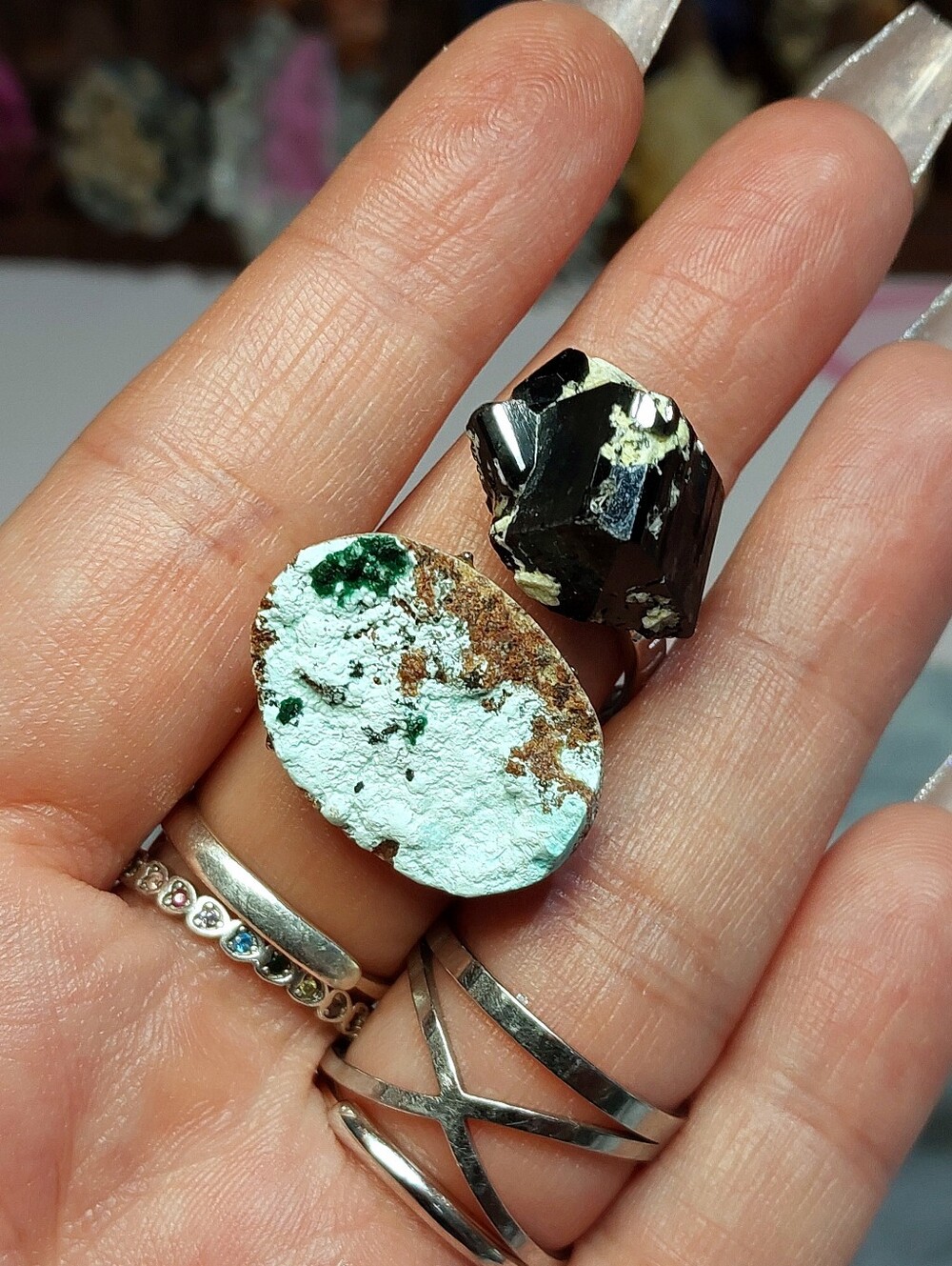 ⚒️ Nambia Schorl Tourmaline & Crysacolla Duel Specimen Copper Ring